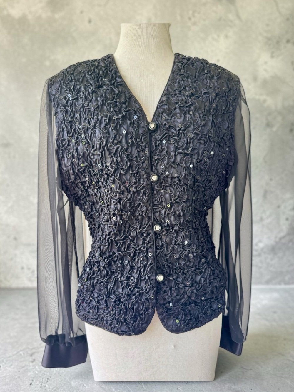 Vtg 90s Jeffrey & Dana Black Sequin Evening Blouse Sz 10 Sheer Sleeves Jacket